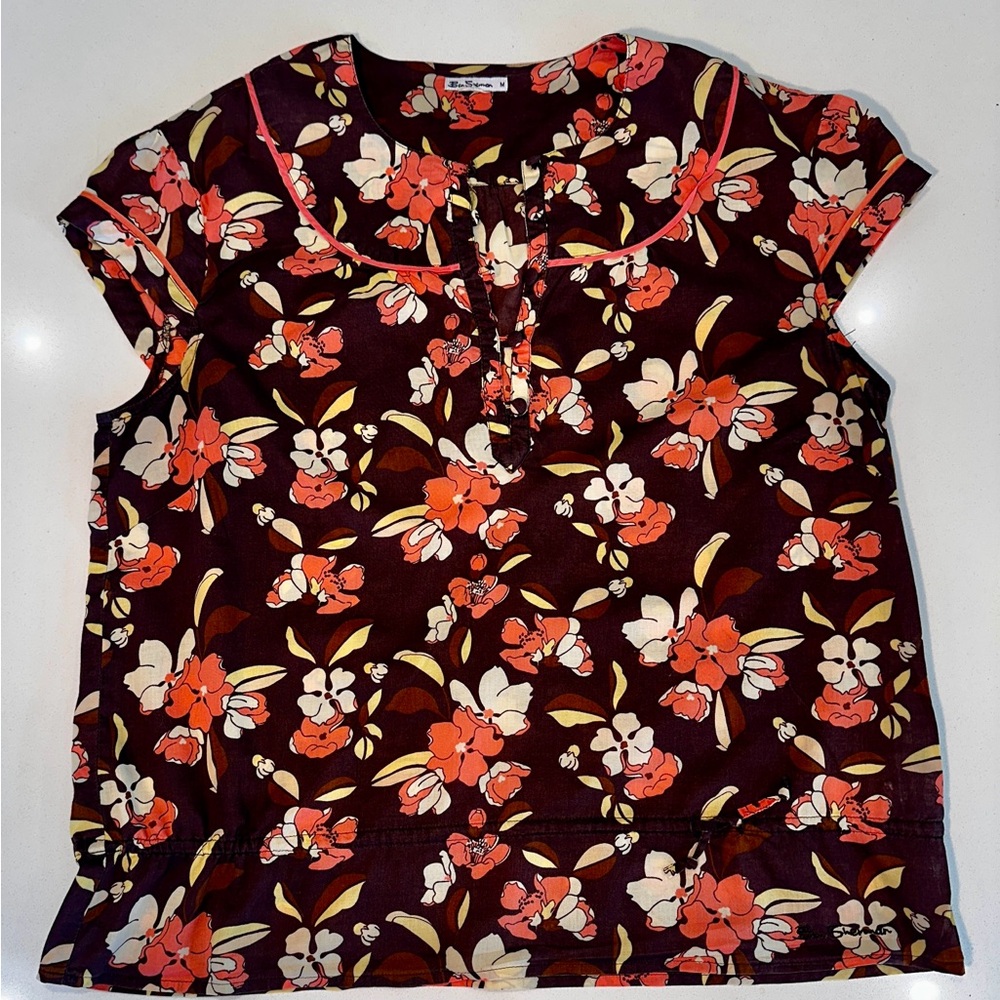 Vintage Y2k Ben Sherman Floral Cap-Sleeve Blouse - Vibrant Rich Colours
